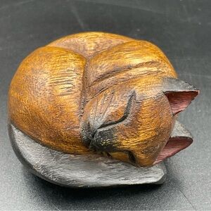 Hand Carved Solid Wood Curled Up Sleeping Cat Sculpture